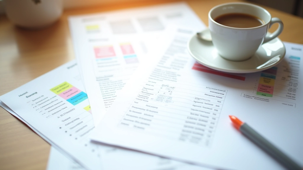 Relevés bancaires étalés sur une table avec surligneurs colorés pour catégoriser les dépenses