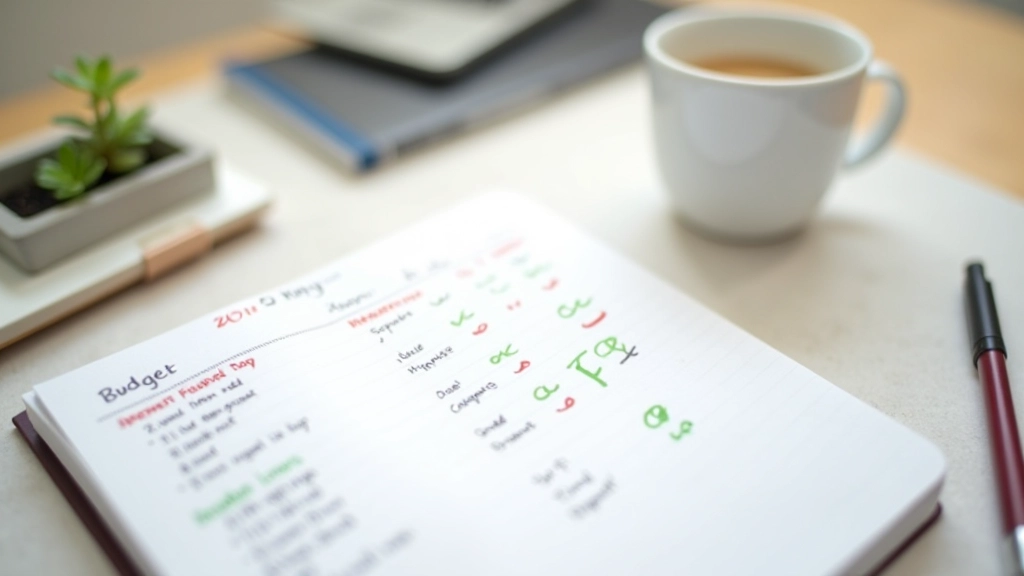 Carnet de budget ouvert avec stylo rouge marquant les catégories dépassées