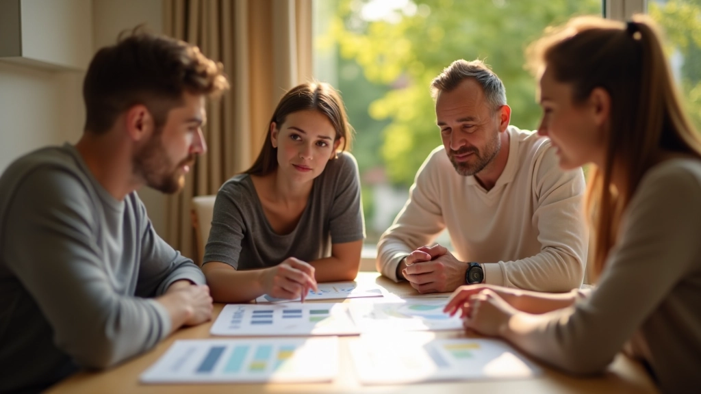 Famille assise autour d'une table avec graphiques imprimés et discussion constructive