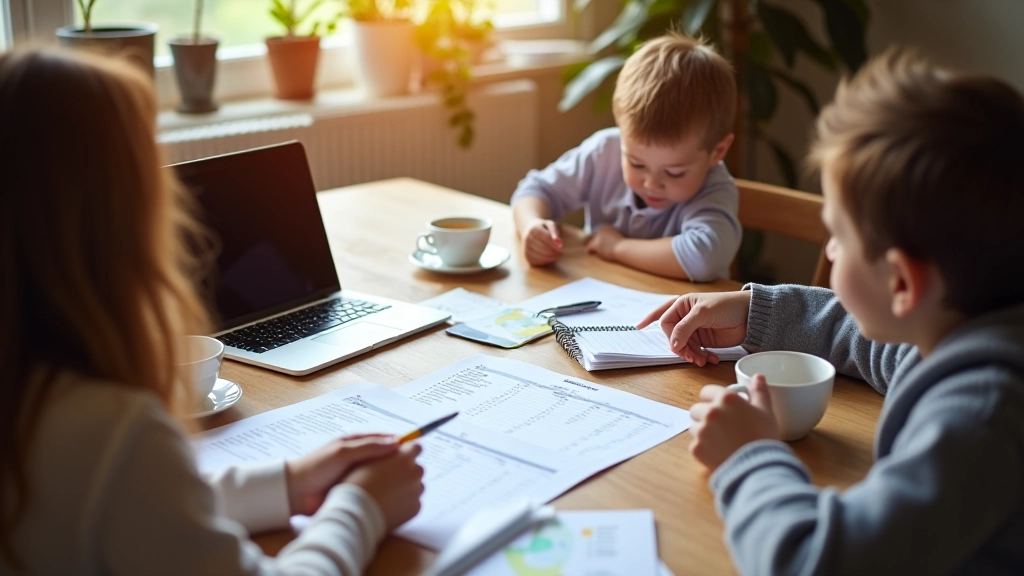 Famille réunie autour d'une table avec documents budgétaires et ordinateur