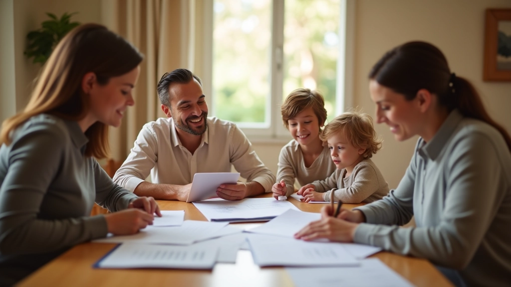 Famille assise autour d'une table examinant ensemble les relevés bancaires et le bilan annuel des dépenses