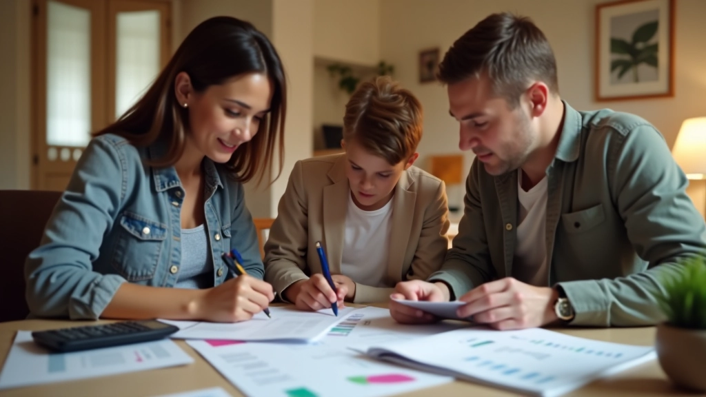 Famille examinant ensemble documents financiers et résumés de dépenses annuelles
