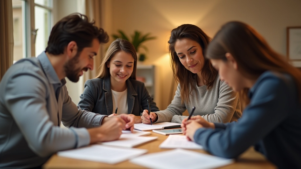 Famille discutant autour d'une table avec documents budgétaires et notes manuscrites