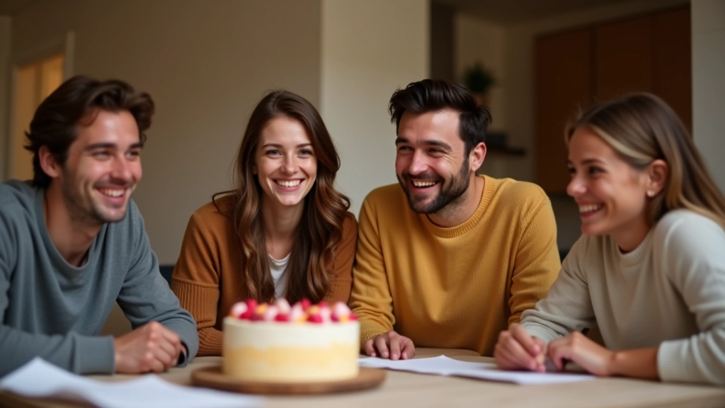 Famille célébrant autour d'une table avec un gâteau et des sourires, documents budgétaires visibles