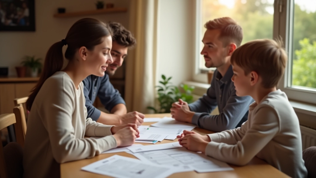 Famille autour d'une table avec documents budgétaires discutant ensemble de leurs plans financiers