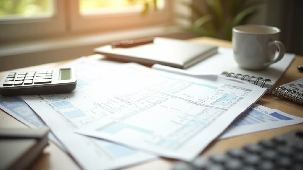 Personne rassemblant des relevés bancaires papier et numériques sur un bureau