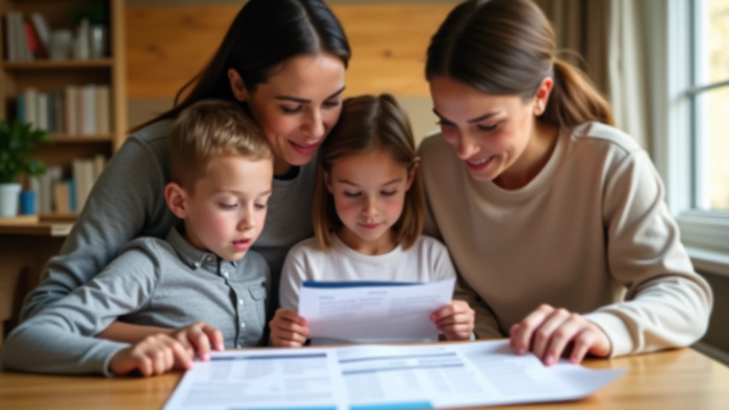Parents et enfants examinent ensemble un tableau récapitulatif des dépenses de l'année