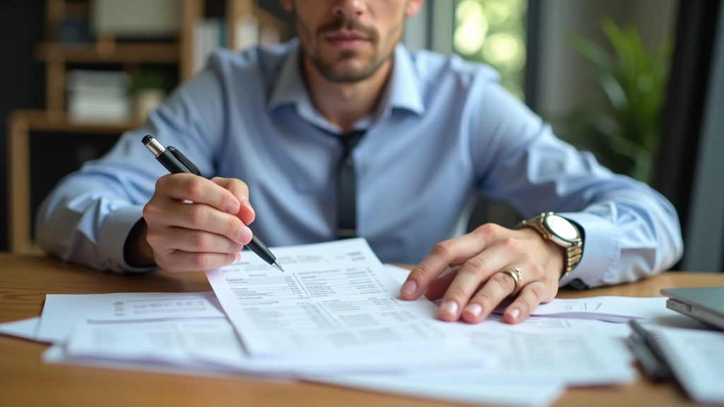Ordinateur portable affichant des relevés bancaires et des documents financiers organisés sur un bureau